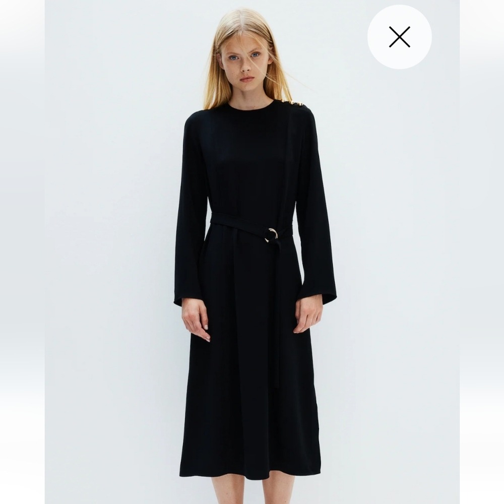 H&M Black Twill Belted Midi Dress
